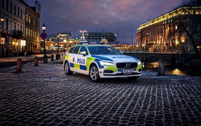 فولفو V90, سيارة الشرطة, 2018, 4k, الخارجي, الشرطة السويدية, ستيشن, جديد V90, خاصة السيارات, السويد, فولفو