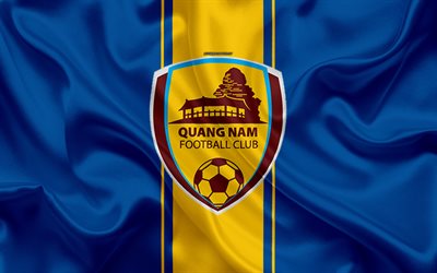 quang nam fc, 4k, logo, seide textur, vietnamesische fu&#223;ball-club, emblem, blau-gelb-seide-flag, v-league 1, quan nam, vietnam, fu&#223;ball