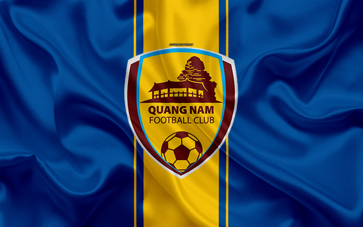 كوانج نام FC, 4k, شعار, نسيج الحرير, الفيتنامي لكرة القدم, الأزرق الأصفر الحرير العلم, V-الدوري 1, تشيوان على, فيتنام, كرة القدم