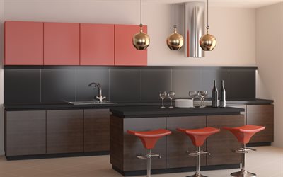 お洒落な黒と赤のキッチン, モダンなインテリアデザイン, デザイナーズシェアハウス, キッチン, ミニマリズムにおけるメディウム