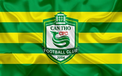 Can Tho CFC, 4k, el logotipo de seda de la textura, Vietnamita club de f&#250;tbol, emblema, color verde amarillo de la bandera de seda, V-League 1, Can Tho, Vietnam, f&#250;tbol