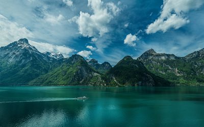 スイス, 夏, 湖, 山々, 雲, 欧州