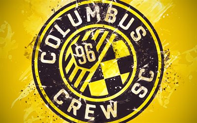 Columbus Crew SC, 4k, peinture d&#39;art, de football Am&#233;ricain de l&#39;&#233;quipe, de cr&#233;ativit&#233;, de logo, de la MLS, l&#39;embl&#232;me, le fond jaune, style grunge, Columbus, Ohio, &#233;tats-unis, de football, de la Ligue Majeure de S