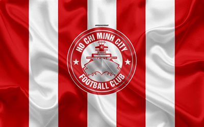Ho Chi Minh City FC, 4k, logo, soie, texture, Vietnamien club de football, de l&#39;embl&#232;me rouge blanc drapeau de soie, V-Ligue 1, Ho Chi Minh Ville, au Vietnam, en football