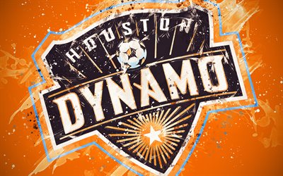 Houston Dynamo, 4k, m&#229;la konst, Amerikansk fotboll, kreativa, logotyp, MLS, emblem, orange bakgrund, grunge stil, Houston, Texas, USA, fotboll, Major League Soccer