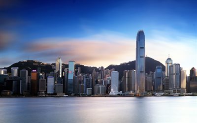 El Puerto de Victoria, 4k, por la ma&#241;ana, modernos edificios, paisajes urbanos, Hong Kong, China, Asia