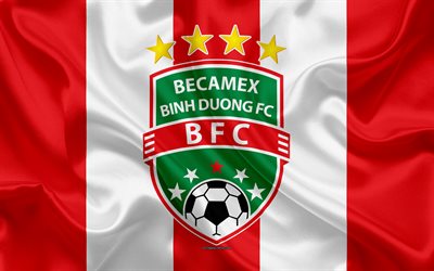 Becamex Binh Duong FC, 4k, logo, silk texture, Vietnamese football club, emblem, red white silk flag, V-League 1, Binzyong, Thusaumouth, Vietnam, football
