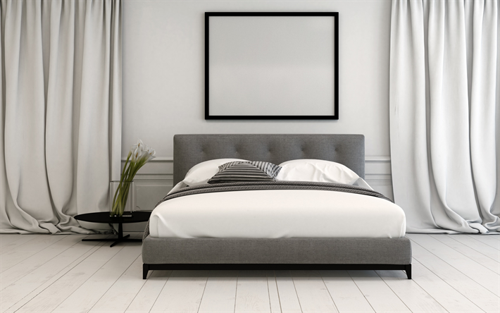 blanco gris elegante dormitorio, moderno dise&#241;o de interiores, proyectos, dormitorio, interior moderno