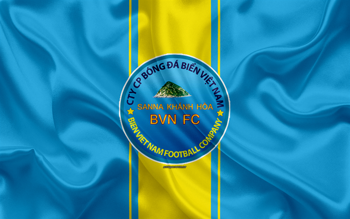 Sanna Khanh Hoa BVN FC, 4k, logo, soie, texture, Vietnamien club de football, de l&#39;embl&#232;me bleu jaune drapeau de soie, V-Ligue 1, Hahn-Hta, le Vietnam, le football