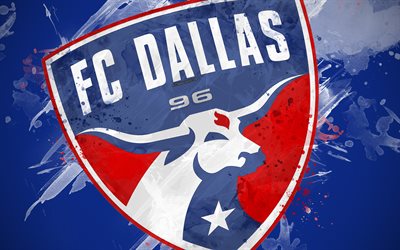FC Dallas, 4k, paint art, American soccer team, creative, logo, MLS, emblem, blue background, grunge style, Dallas, Texas, USA, football, Major League Soccer
