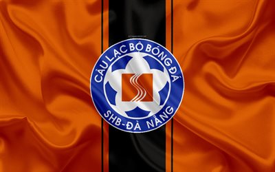 SHB Da Nang FC, 4k, logo, soie, texture, Vietnamien club de football, l&#39;embl&#232;me, le orange noir drapeau de soie, V-Ligue 1, da nang, Vietnam, football