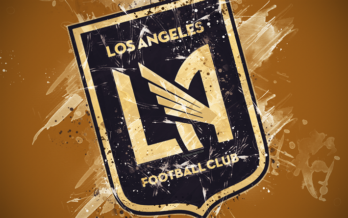 Los Angeles FC, 4k, peinture d&#39;art, de football Am&#233;ricain de l&#39;&#233;quipe, de cr&#233;ativit&#233;, de logo, de la MLS, l&#39;embl&#232;me, le fond brun, style grunge, Los Angeles, Californie, etats-unis, de football, de la Ligue Majeure de 