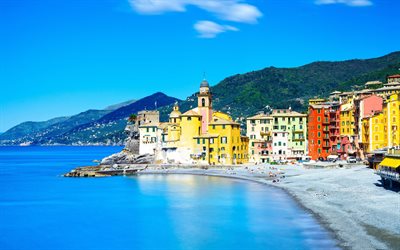 Camogli, 4k, costa, praia, mar, Liguria, It&#225;lia, Europa