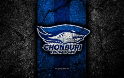4k, FC Chonburi, logo, Thai League 1, black stone, football club, Thailand, Chonburi, soccer, asphalt texture, Chonburi FC