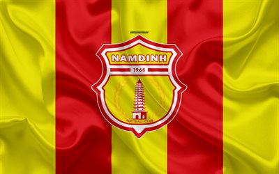 Nam Dinh FC, 4k, logo, silkki tekstuuri, Vietnam football club, tunnus, keltainen-punainen silkki lippu, V-League 1, Namdin, Vietnam, jalkapallo