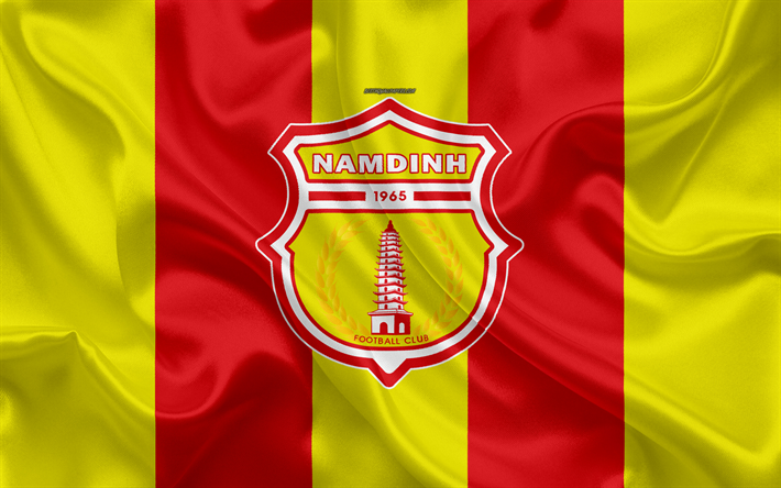 Nam Dinh FC, 4k, logo, seta, texture, Vietnamita football club, emblema, giallo-rosso di seta bandiera, V-League 1, Namdin, Vietnam, calcio