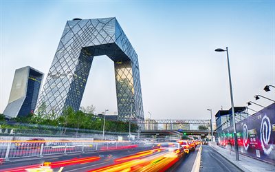 4k, CCTV Headquarters, traffic lights, street, modern buildings, Beijing, Asia, China
