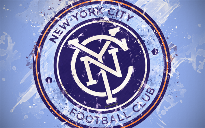 New York City FC, 4k, a arte de pintura, Time de futebol americano, criativo, logo, MLS, emblema, fundo azul, o estilo grunge, Nova York, EUA, futebol, Major League Soccer