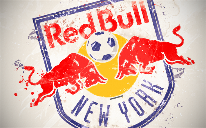 New York Red Bulls, 4k, m&#229;la konst, Amerikansk fotboll, kreativa, logotyp, MLS, emblem, vit bakgrund, grunge stil, New York, USA, fotboll, Major League Soccer
