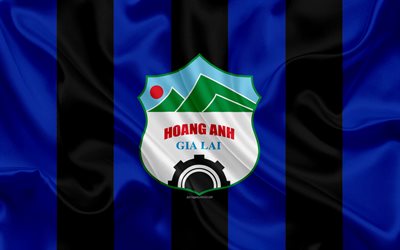 Hoang Anh Gia Lai FC, 4k, el logotipo de seda de la textura, Vietnamita club de f&#250;tbol, con el emblema azul de seda negro de la bandera, la V-League 1, Pleiku, Vietnam, f&#250;tbol