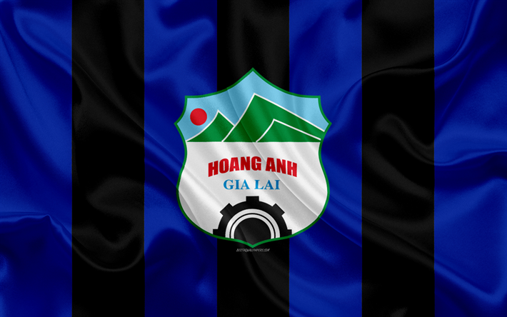 Hoang Anh Gia Lai FC, 4k, el logotipo de seda de la textura, Vietnamita club de f&#250;tbol, con el emblema azul de seda negro de la bandera, la V-League 1, Pleiku, Vietnam, f&#250;tbol