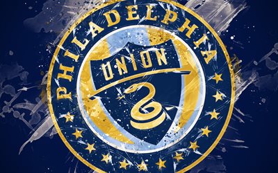 Philadelphia Union, 4k, paint art, American soccer team, creative, logo, MLS, emblem, blue background, grunge style, Philadelphia, Pennsylvania, USA, football, Major League Soccer