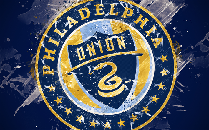 Philadelphia Union, 4k, paint taidetta, Amerikkalainen jalkapallo joukkue, luova, logo, MLS, tunnus, sininen tausta, grunge-tyyliin, Philadelphia, Pennsylvania, USA, jalkapallo, Major League Soccer