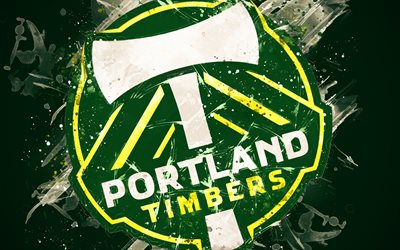 Portland Timbers, 4k, peinture d&#39;art, de football Am&#233;ricain de l&#39;&#233;quipe, de cr&#233;ativit&#233;, de logo, de la MLS, l&#39;embl&#232;me, le fond vert, style grunge, Portland, Oregon, etats-unis, de football, de la Ligue Majeure de Socce