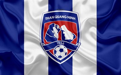 Kuin Quang Ninh FC, 4k, logo, silkki tekstuuri, Vietnam football club, tunnus, sininen valkoinen silkki lippu, V-League 1, Kuangnin, Vietnam, jalkapallo