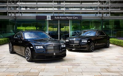 Rolls Royce Wraith, 2018, Preto Emblema Do Esp&#237;rito, Wraith, preto, carros de luxo, exterior, Carros brit&#226;nicos