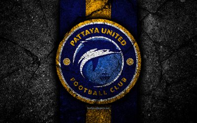 4k -, fc-pattaya united, logo, thail&#228;ndische liga 1, black stone, fu&#223;ball-club, thailand, pattaya united, fu&#223;ball, asphalt-textur, pattaya united fc