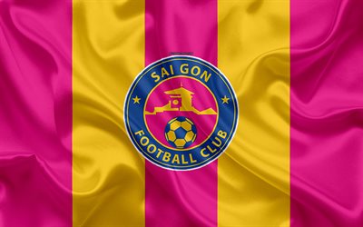 Sai Gon FC, 4k, logo, soie, texture, Vietnamien club de football, l&#39;embl&#232;me, le rose jaune drapeau de soie, V-Ligue 1, Ho Chi Minh Ville, au Vietnam, en football