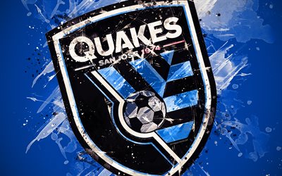 San Jose Earthquakes, 4k, paint art, American soccer team, creative, logo, MLS, emblem, blue background, grunge style, San Jose, California, USA, football, Major League Soccer