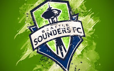 Seattle Sounders FC, 4k, paint taidetta, Amerikkalainen jalkapallo joukkue, luova, logo, MLS, tunnus, vihre&#228; tausta, grunge-tyyliin, Seattle, Washington, USA, jalkapallo, Major League Soccer