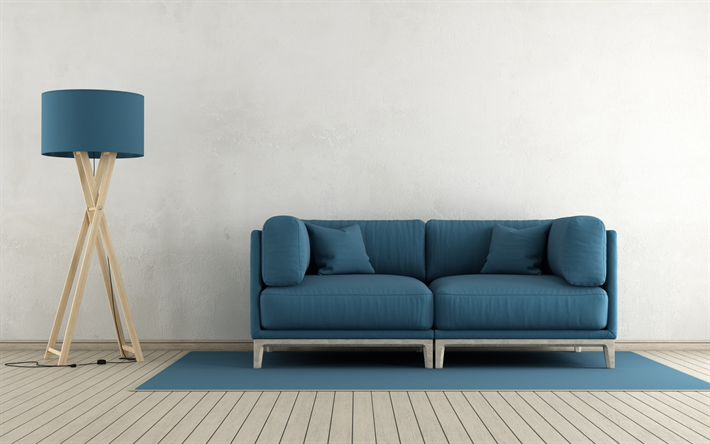 stylish interior of the living room, design, modern design, blue sofa, stylish blue floor lamp