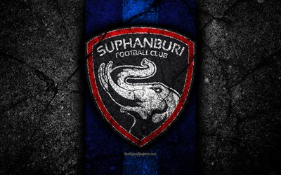 4k, FC Suphanburi, logo, Thai League 1, black stone, football club, Thailand, Suphanburi, soccer, asphalt texture, Suphanburi FC