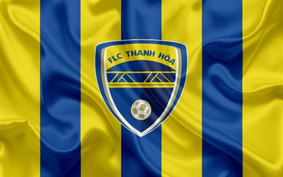 Bire değil, Thanh Hoa FC, 4k, logo, ipek doku, Vietnam Futbol Kul&#252;b&#252; amblemi, Sarı Mavi ipek bayrak, V-1 Lig, Thanh Hoa, Vietnam, futbol