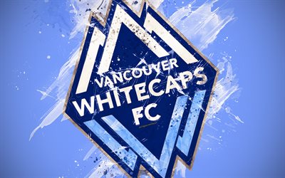 Vancouver Whitecaps FC, 4k, paint art, Canadian Football Club, creative, logo, MLS, emblem, blue background, grunge style, Vancouver, British Columbia, Canada, USA, football, Major League Soccer