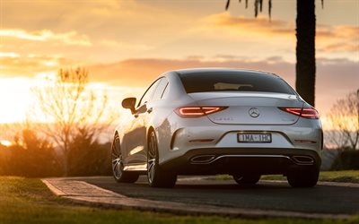 Mercedes-Benz CLS, 2018, 4k, rear view, sports sedan, exterior, new white CLS, German cars, CLS450, 4MATIC, AMG-Line, Mercedes