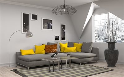 Grigio, soggiorno, interni moderni, giallo, cuscini, divano grigio, design, design elegante interer