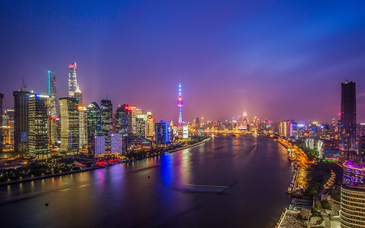 Huangpu, 4k, nighscapes, moderna byggnader, Lujiazui Nig, Shanghai, Kina, Asien