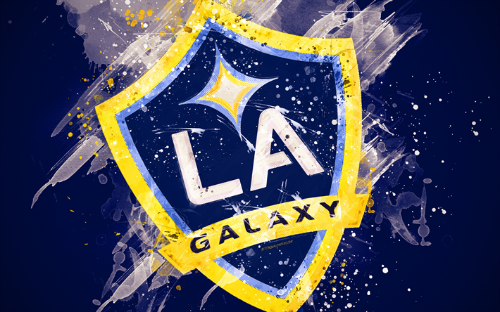 Los Angeles Galaxy, 4k, paint art, American soccer team, creative, logo, MLS, emblem, blue background, grunge style, Los Angeles, California, USA, football, Major League Soccer, LA Galaxy FC