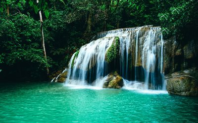 bella cascata, luoghi segreti, giungla, foresta pluviale, Tailandia, turchese lago, ambiente, cascate