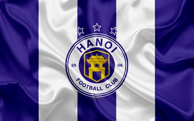 Hanoi FC, 4k, el logotipo de seda de la textura, Vietnamita club de f&#250;tbol, el emblema, el azul de la bandera de seda blanca, V-League 1, Hanoi, Vietnam, el f&#250;tbol, Ha Noi FC