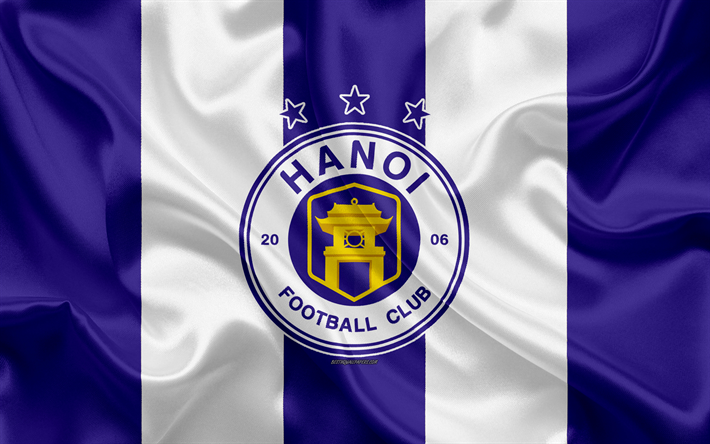 Hanoi FC, 4k, logo, soie, texture, Vietnamien club de football, de l&#39;embl&#232;me bleu blanc drapeau de soie, V-Ligue 1, Hanoi, Vietnam, le football, le FC Ha Noi