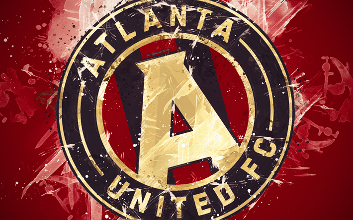 atlanta united fc, 4k, malen, kunst, amerikanischer fu&#223;ball-team, kreativ, logo, mls, emblem, roter hintergrund, grunge style, atlanta, georgia, usa, fu&#223;ball, major league soccer