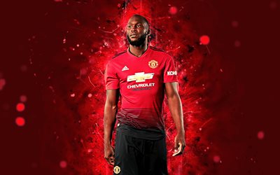 Romelu Lukaku, 4k, season 2018-2019, footballers, Manchester United, neon lights, Premier League, Lukaku, soccer, fan art, football, Man United