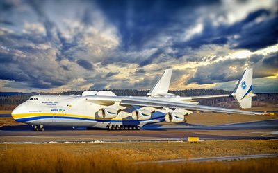 4k, AN-225, Antonov, a&#233;rodrome, avion-cargo, des Cosaques, des nuages, des Antonov an-225 Mriya, des avions de transport, AN225, Antonov Airlines, l&#39;avion ukrainien