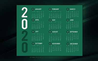 2020年のカレンダー, 濃い緑色の背景, 2020年のグカレンダー, お洒落な背景, 2020年までの概念, 【クリエイティブ-アート, 2020年までの全期間にカレンダー