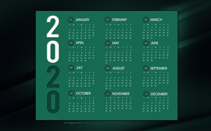 2020 kalender, dunkelgr&#252;nen hintergrund, 2020 gr&#252;n kalender, stilvolle hintergrund, 2020 konzepte, kreative kunst, 2020 kalender alle monate